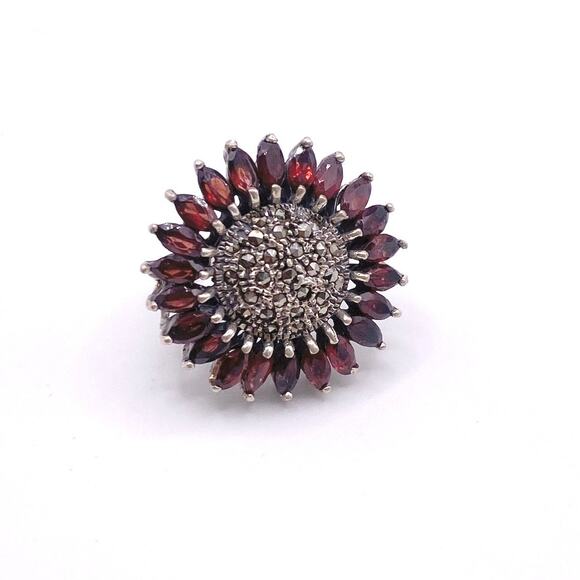 Sterling Silver SunFlower With Garnets and Marcasite 7.5” - Picture 3 of 8